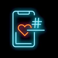 Neon icon of smartphone showing heart and hashtag sign vector