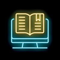 Glowing neon icon of open book on computer monitor display vector