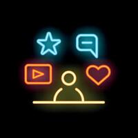 Neon social media manager working remotely using laptop computer vector