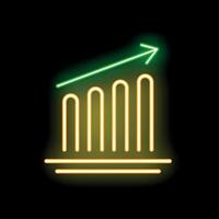 Neon sign showing growing bars graphic with upward arrow on black background vector