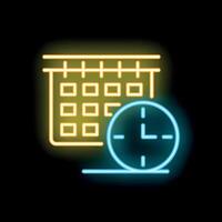 Neon clock showing time over calendar grid icon vector
