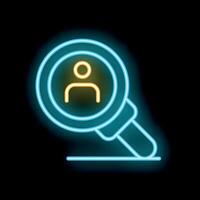 Neon magnifying glass searching for a person icon on a black background vector