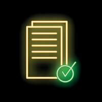 Neon icon of documents with check mark symbolizing verification vector