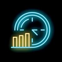 Neon sign illustrating the concept of time management with a clock and growing bars vector