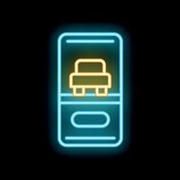 Neon icon of smartphone displaying car reservation app interface vector