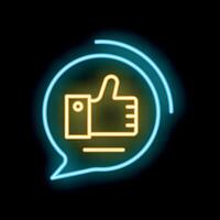 Neon thumb up sign in speech bubble on dark background vector