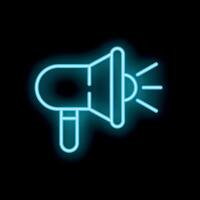 Neon blue megaphone icon glowing on black background vector