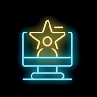 Neon icon of person with star displaying on computer screen vector
