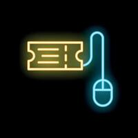 Neon icon of computer mouse connected to an admission ticket representing online booking vector