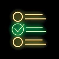 Neon green check mark on checklist icon glowing on black background vector