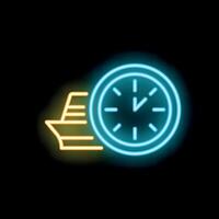 Neon sign of cruise ship moving fast with clock showing time on black background vector