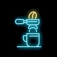 Neon sign of coffee machine pouring fresh espresso in cup on black background vector