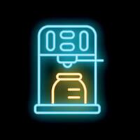 Glowing neon line icon representing a coffee machine with a glass coffee pot, isolated on a black background vector