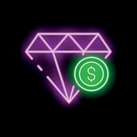 Neon diamond with dollar coin shining on black background vector