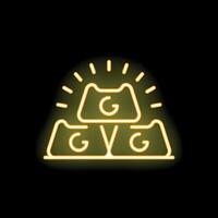 Neon sign representing gold bars shining with glowing rays on black background vector
