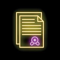 Glowing neon line icon showing a certificate template with a seal on a black background vector