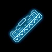 Blue glowing neon line snow rake for removing snow from roof icon isolated on black background vector