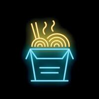 Neon sign representing steaming hot wok noodles in take away box vector