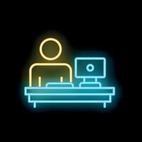 Office worker sitting at desk with computer neon sign icon vector