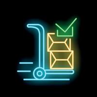 Neon sign of fast delivery hand truck with cardboard boxes and check mark vector