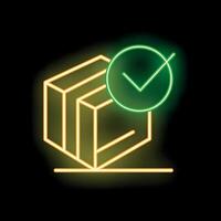Neon green check mark validating delivery box on black background vector