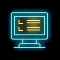 Neon computer monitor displaying checklist icon on black background vector