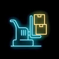 Neon icon of a pallet jack lifting boxes on black background vector
