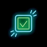 Neon green check mark glowing in blue rounded square vector