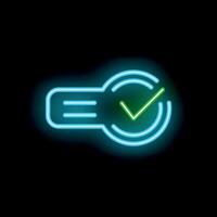 Neon green check mark validating document icon glowing on black background vector