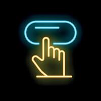 Neon sign of hand pressing button on black background vector