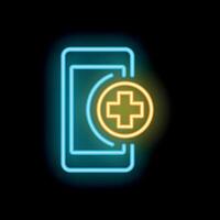 Neon mobile phone displaying medical cross symbol for healthcare app vector