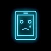 Neon icon of smartphone showing sad face with tear on black background vector
