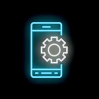 Neon icon of smartphone displaying settings gear for mobile app customization vector
