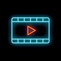 Neon sign of player frame with play button glowing on black background vector
