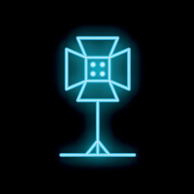 Blue neon sign depicting a studio spotlight on a tripod for photography or recording