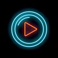 Neon play button glowing on dark background vector