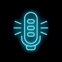 Blue neon microphone icon glowing on black background vector
