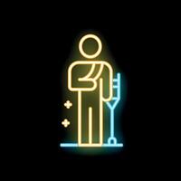 Neon icon of person recovering and standing with crutches and arm sling vector