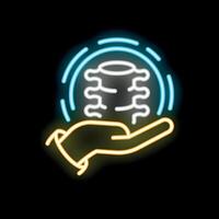 Neon sign representing spinal column over hand on black background vector