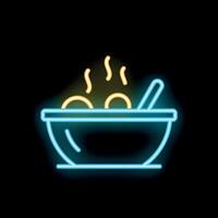 Neon sign displaying steaming bowl of soup with spoon vector