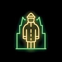 Glowing neon line icon of a firefighter standing in front of a fire station, an animation on a black background vector