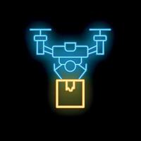 Blue neon sign of a drone delivering a package on a black background vector