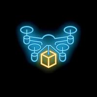 Neon sign representing drone delivering package vector