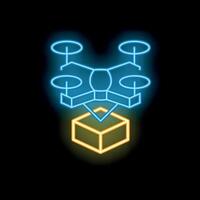 Neon sign representing drone delivering package vector
