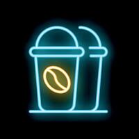 Neon sign of two coffee take away paper cups with lids and straws on a black background vector