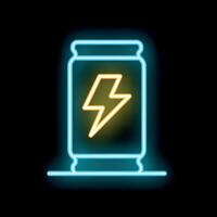 Glowing neon sign of an energy drink can with a lightning bolt on a black background vector