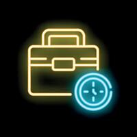Neon icon of briefcase and clock showing working hours vector