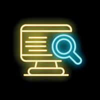 Neon icon of magnifying glass hovering over computer screen displaying lines of text vector