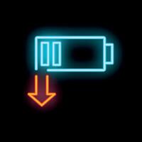 Neon battery icon is glowing, showing a low battery status vector