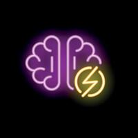 Neon sign of brain with lightning bolt symbolizing creativity vector